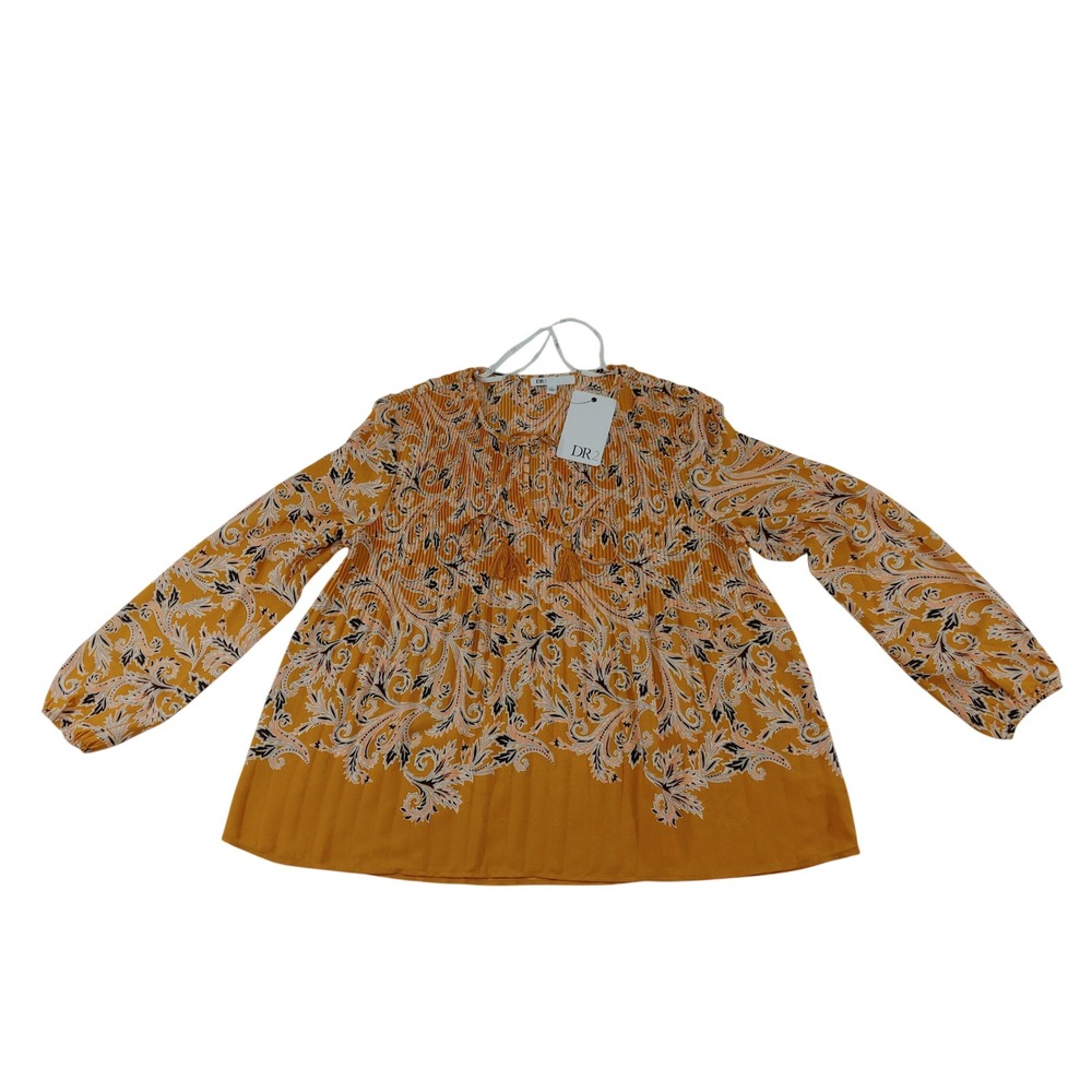 DR2 by Daniel Rainn Mustard Yellow Paisley Pleated Tie Neck Blouse Size S